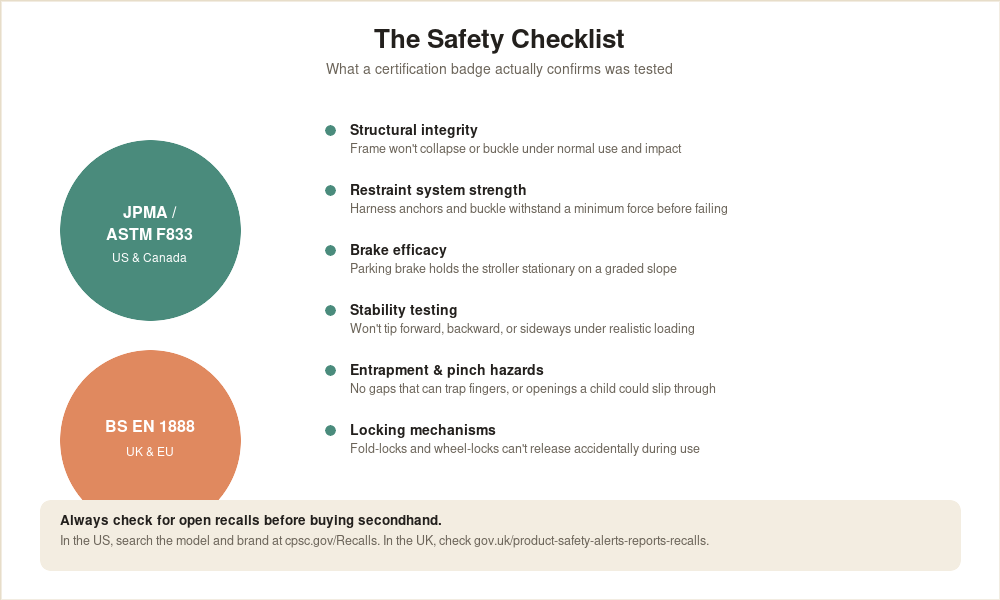 Checklist explaining stroller safety certifications